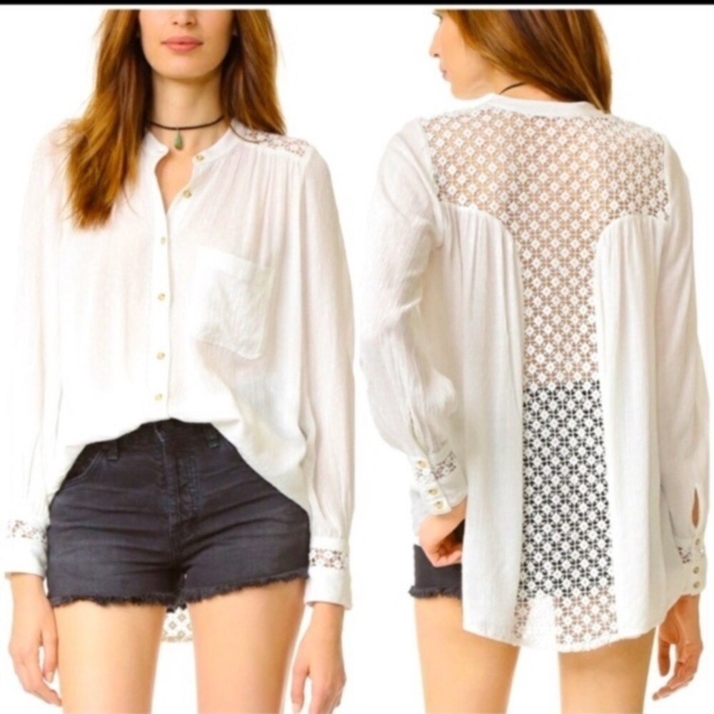 Free People White Crotchet Button Down Long Sleeve Blouse Size XS